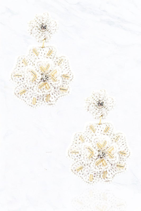 Seed Bead, Sequin, Fabric Flower Post Earrings