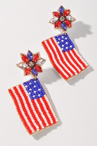 SEED BEAD USA FLAG DANGLE EARRINGS