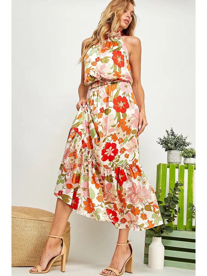 Multi Floral Print Halter Neck Dress
