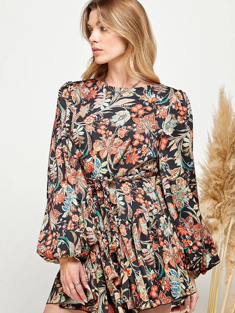 Floral Print Ruffled Puff Sleeve Dress