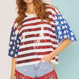 4th of July Star Print Sequin Crop Top