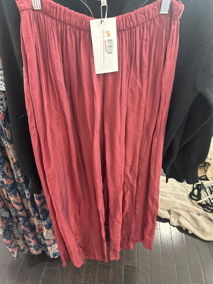 Burgundy Elastic Waist Silk Pant