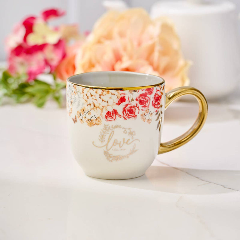 Love Red and Orange Floral Ceramic Mug - 1 Corinthians 16:14