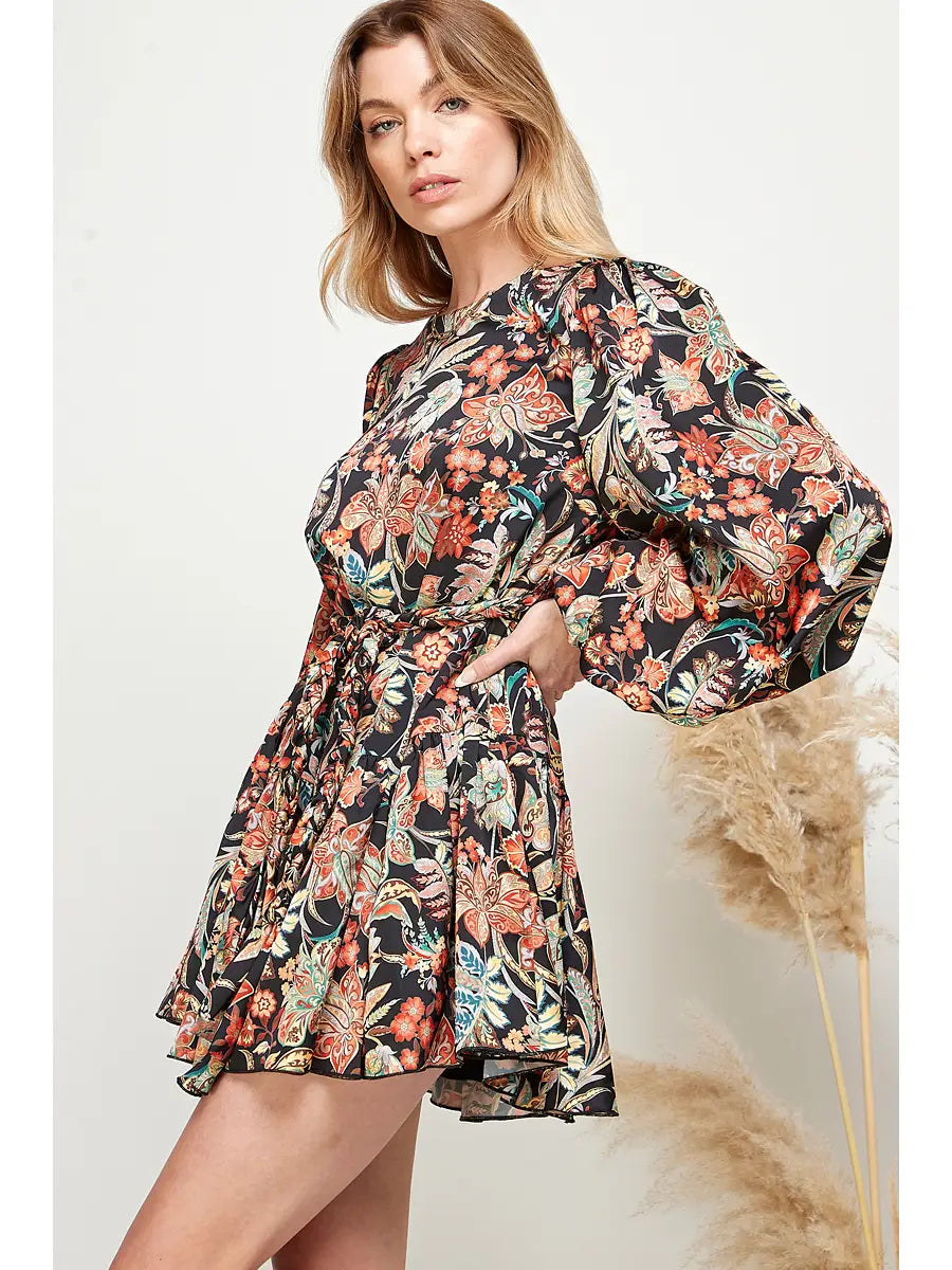 Floral Print Ruffled Puff Sleeve Dress