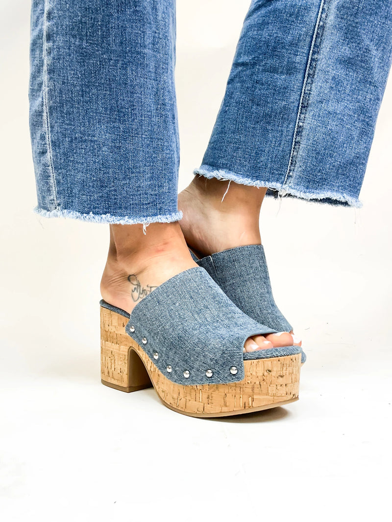 Corky's Bada Bing blue denim platform heels