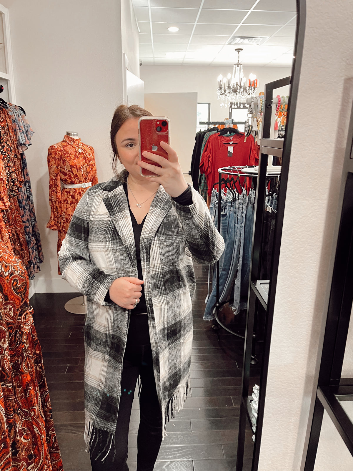 Long Plaid Fringed Coat