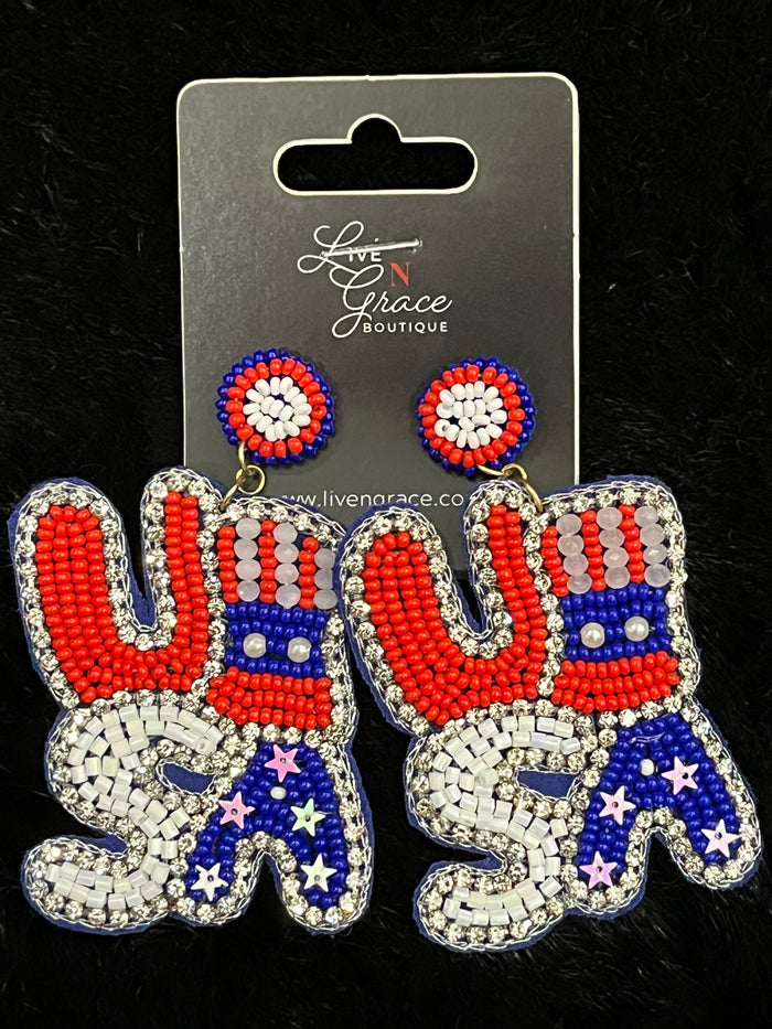 USA beaded earrings with rhinestones