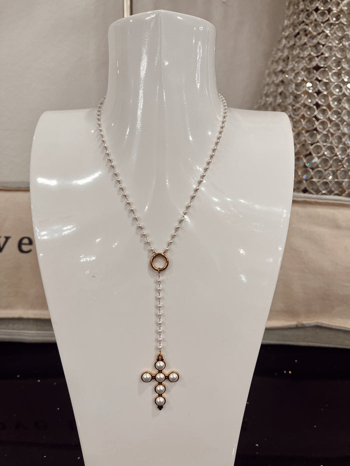 Lariat Pearl Cross Necklace