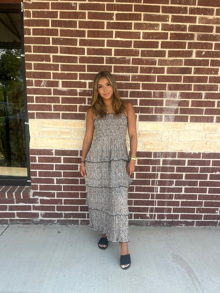 Smocked Pleated Midi Dress