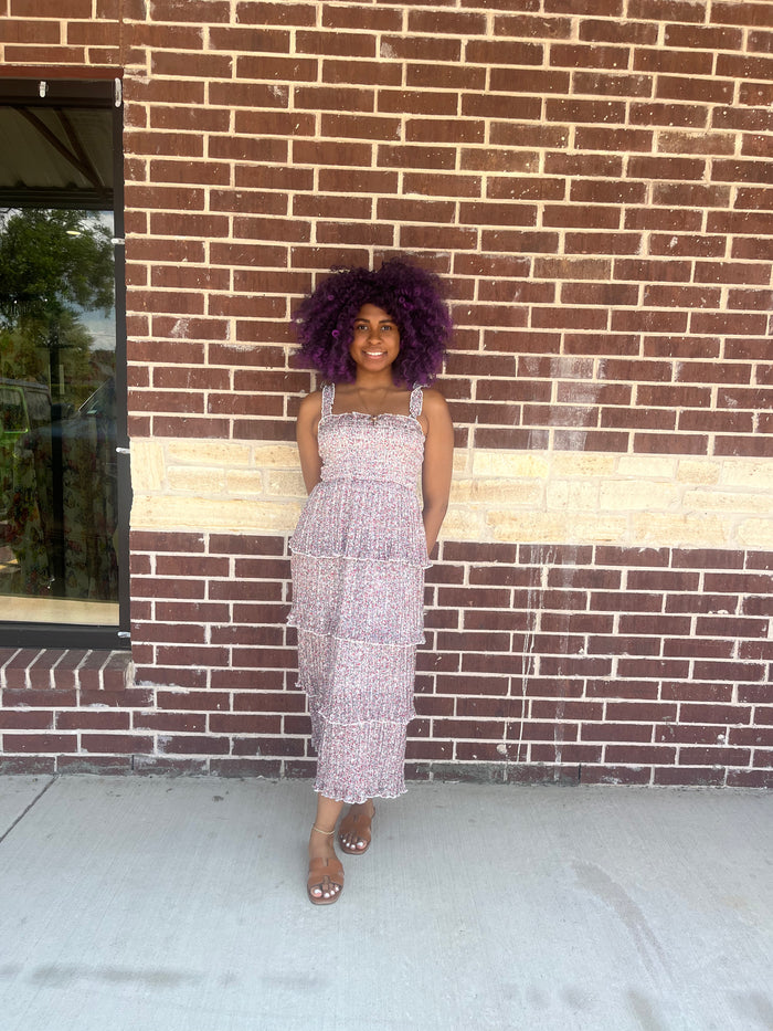 Smocked Pleated Midi Dress