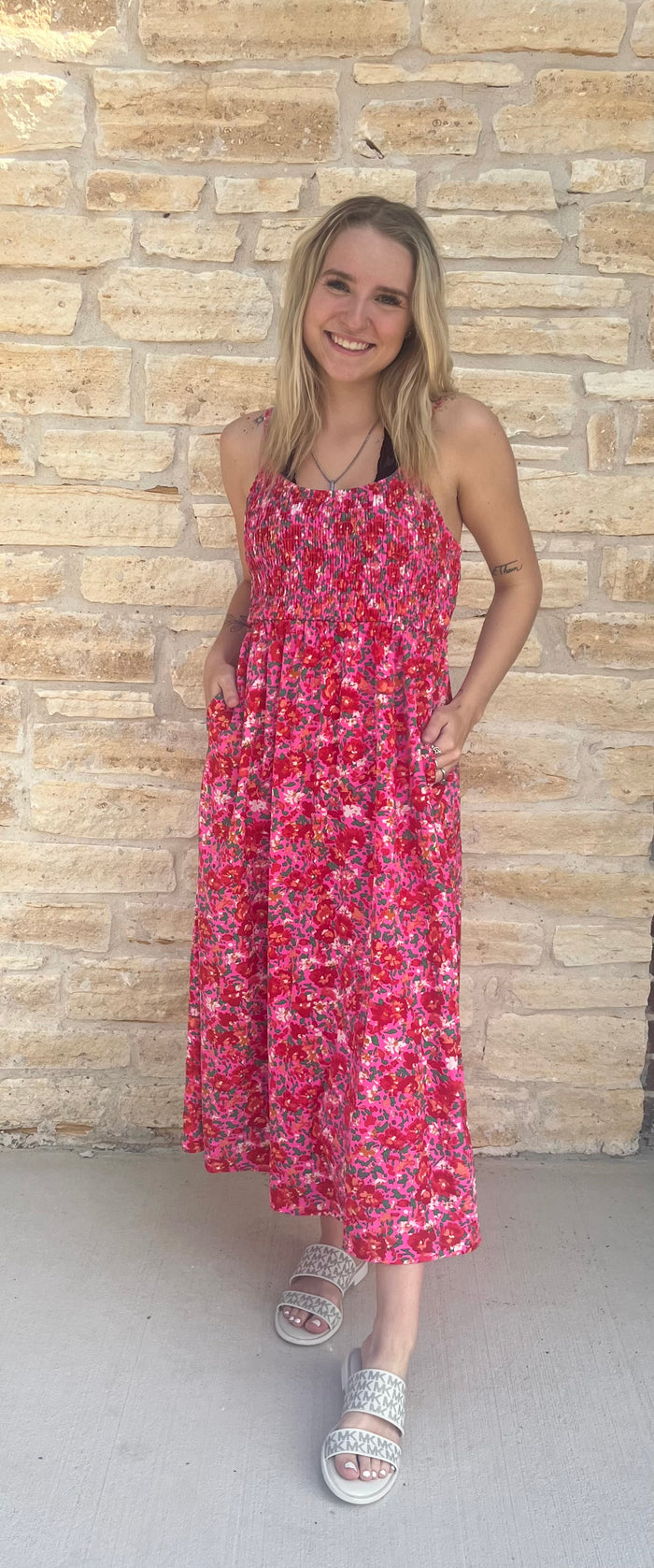 Painted Floral Print Smocked Top Maxi Dress