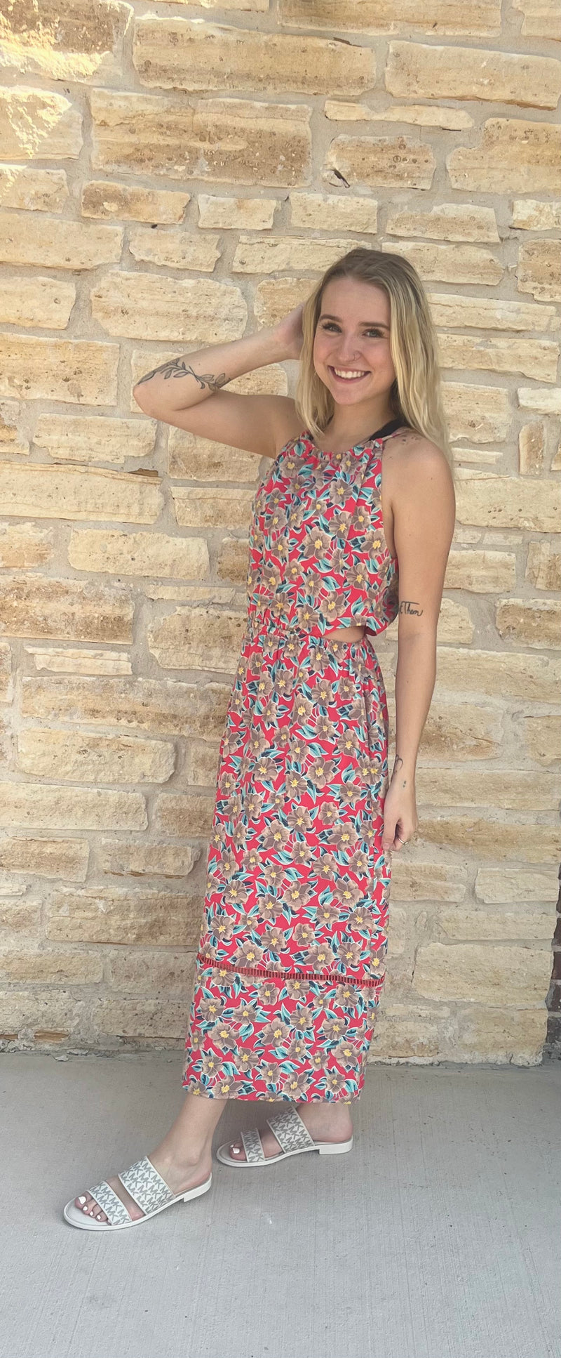 Floral Print Ladder Trim Cut Out Waist Midi Dress With Side Pockets And Full Lining