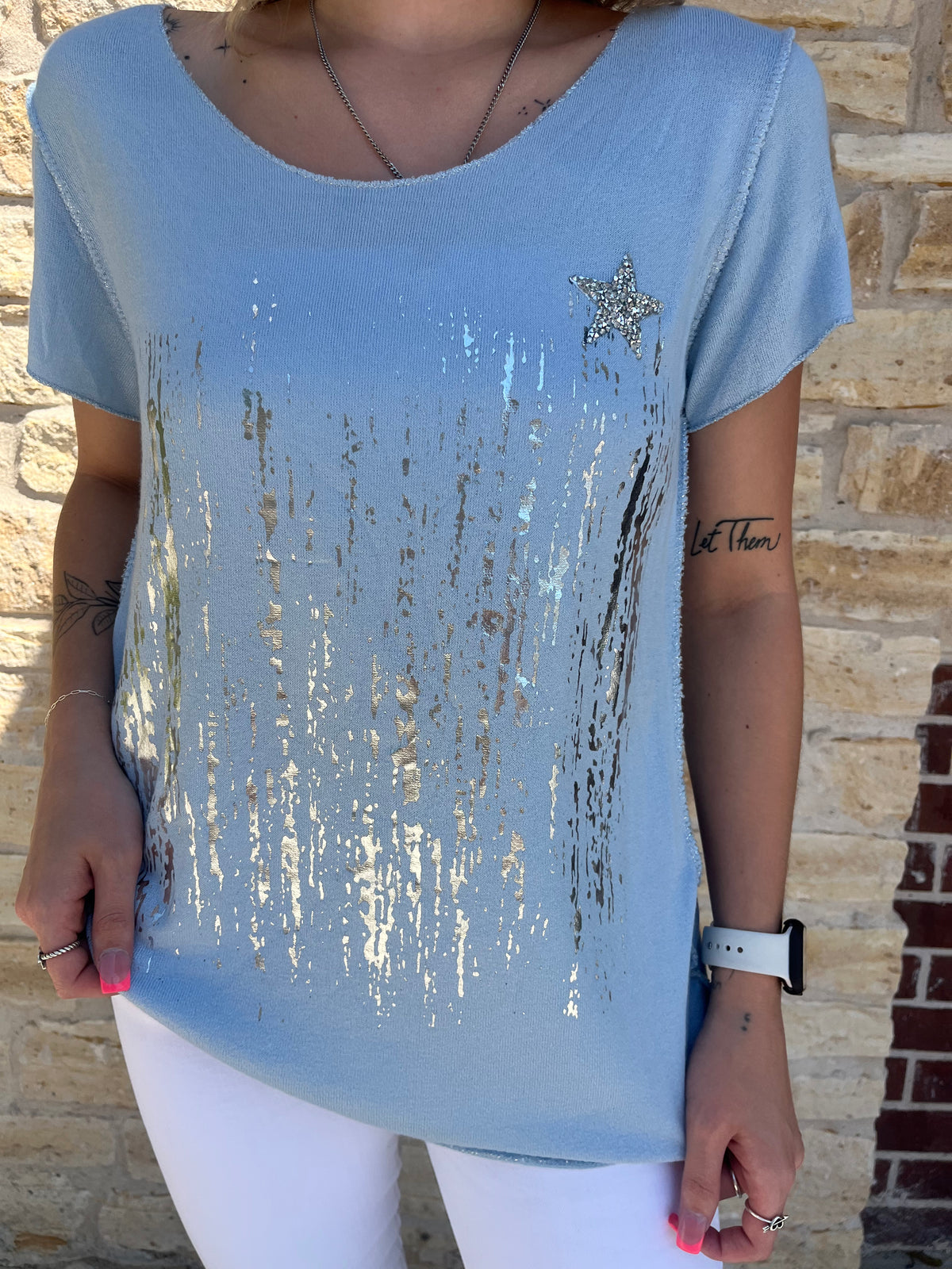 Silver Waterfall and Star T Shirt Blue/Silver
