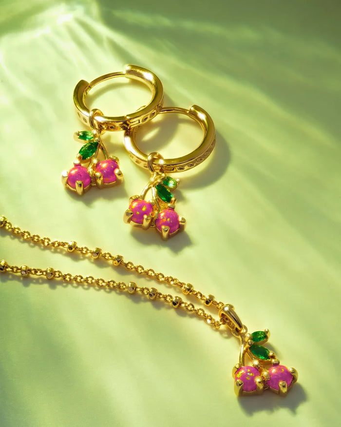 Cherry Silver or Gold Huggie Earrings in Berry Kyocera Opal