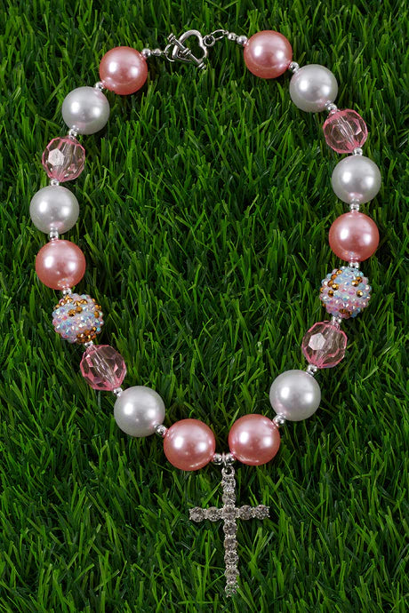 Kids Pink Bead Cross Necklace