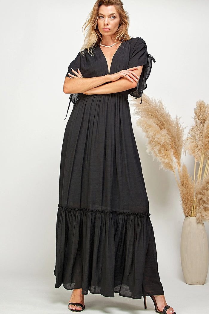 Ruffled and Tiered Plunge Neck Maxi Dress