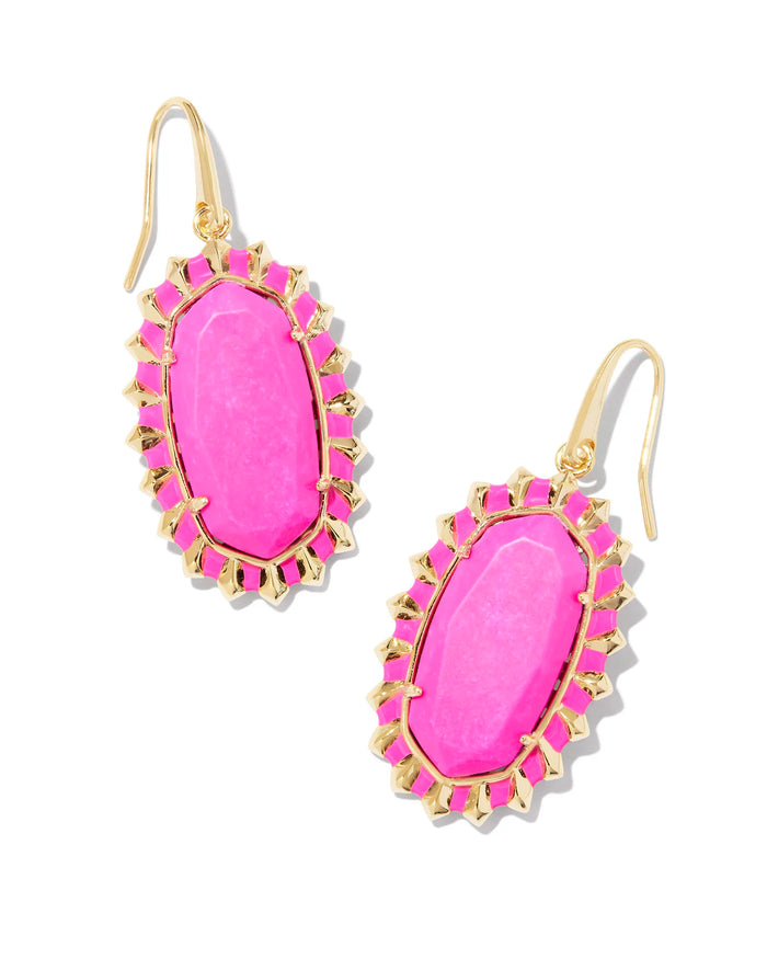 Dani Gold Color Burst Frame Drop Earrings in Neon Pink