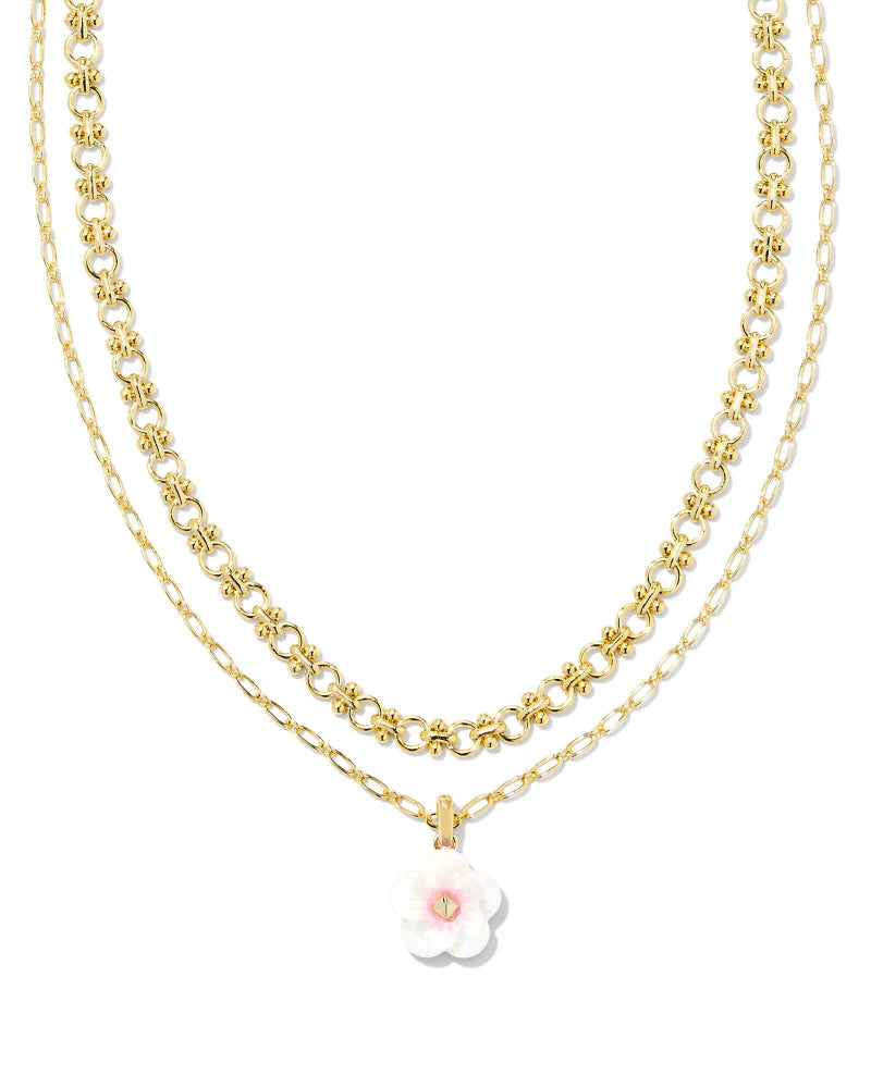 Deliah Gold or Silver Multi Strand Necklace in Iridescent Pink & White Mix