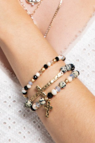 Natural Stone Bead and Cross Bracelet