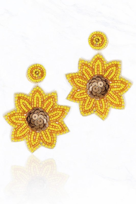 Beaded Fabric Sunflower Post Earrings
