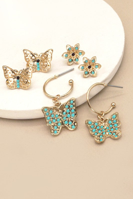 Turquoise Flower and Butterfly Trio Earrings