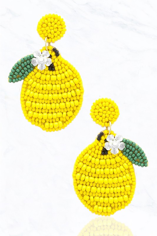Seed Bead Lemon with Flower Fabric Post Earrings