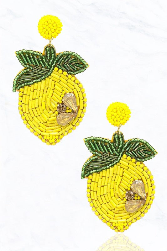 Seed Bead Lemon with Glass Stone Fabric Earrings
