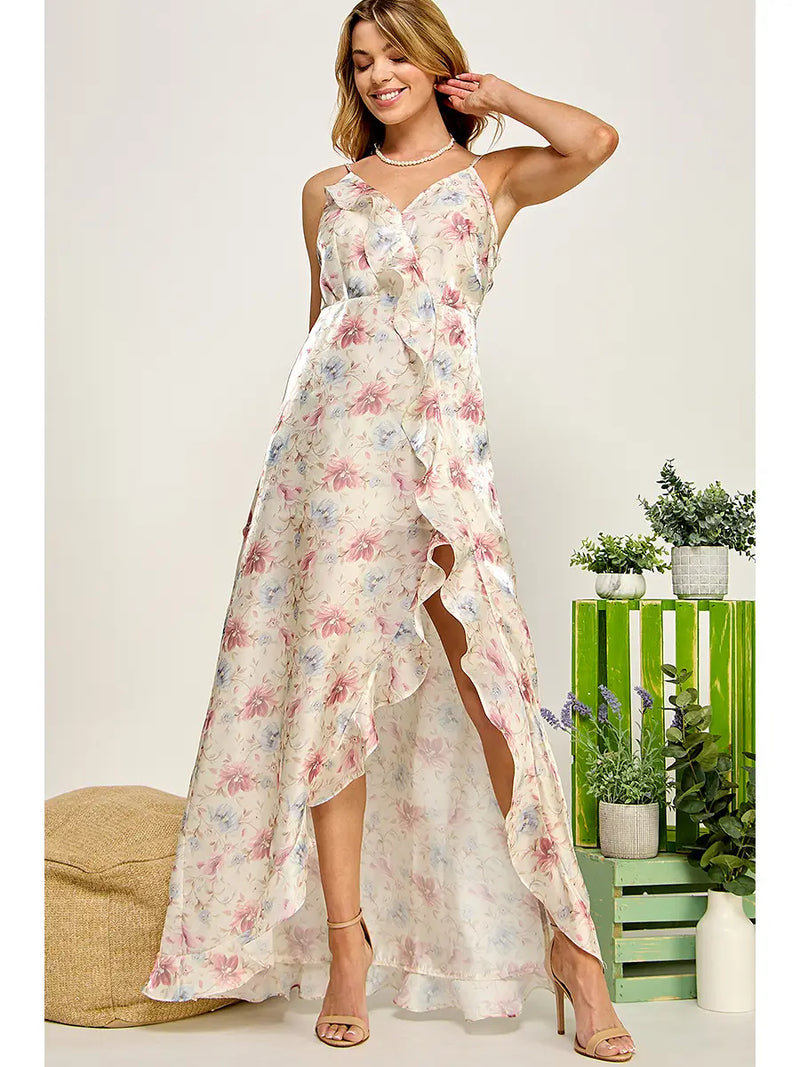 Floral Print Rufffled Detailed Satin Dress