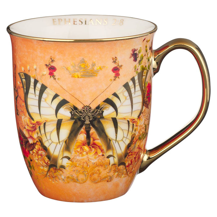 Grace Orange Butterfly Ceramic Coffee Mug - Ephesians 2:8