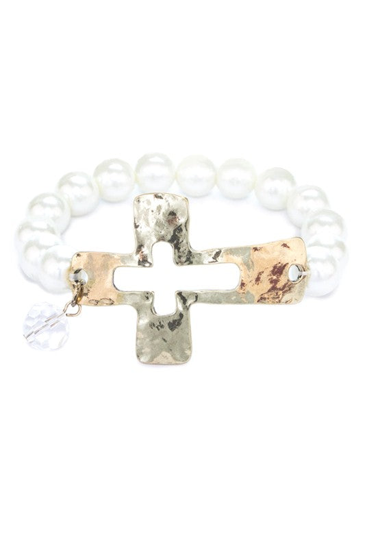 Cross Shape Metal With Pearl Beads Bracelet
