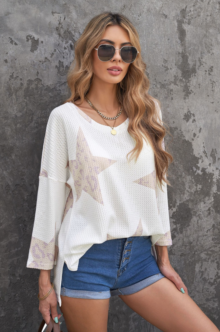 White Leopard Star Waffle Knit top
