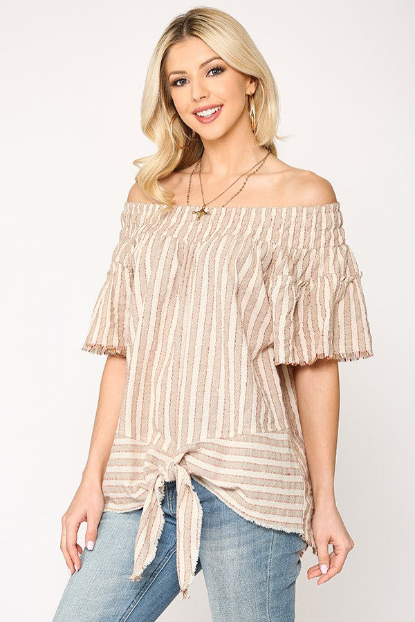 Off Shoulder Smoked Neck Top with Tie Front